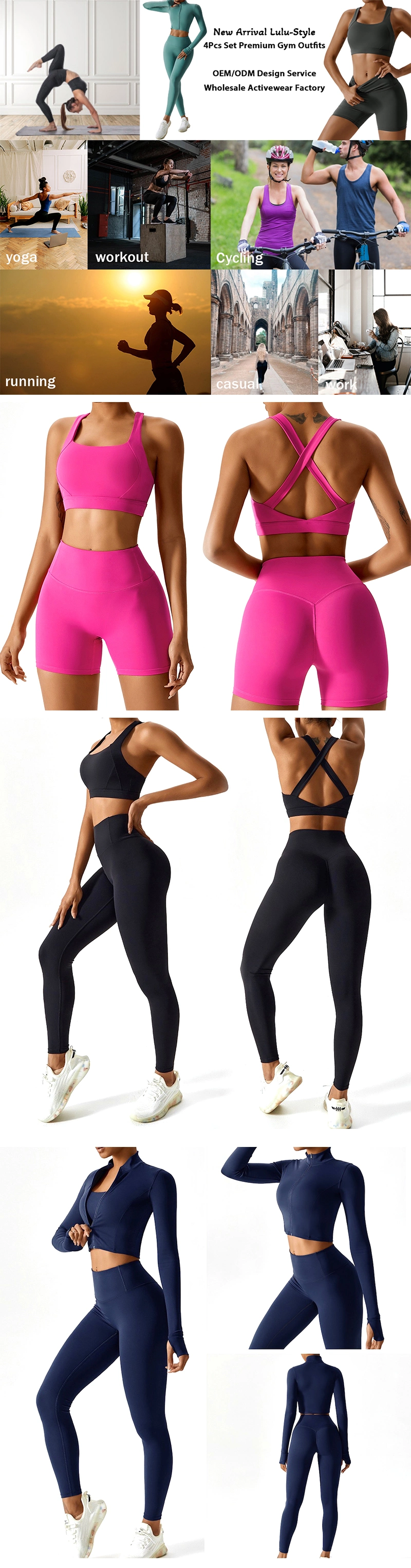 New Arrival 2/3/4PCS Sexy Running Workout Clothes for Women, Custom Logo Fitness Yoga Set Butt Lifting Shorts + Leggings + Gym Bra + Zipper Jacket Activewear