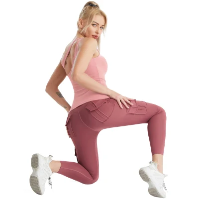 Hit Style Active Wear da donna Gilet monospalla con coppa staccabile Tasche laterali a maniche lunghe Pantaloni Set sportivi da yoga